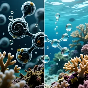 Иллюстрация молекулы воды в морском аквариуме с кораллами, демонстрирующая важность чистой воды для рифовой экосистемы и здоровья обитателей.