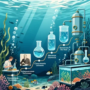 Иллюстрация процесса осмоса в морском аквариуме, показывающая фильтрацию воды и ее влияние на обитателей. Важность чистой воды.