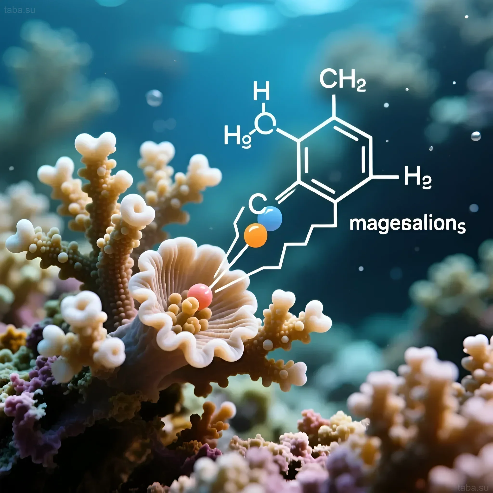 Image of corals in an aquarium with an overlaid molecular structure, illustrating the importance of calcium, magnesium, and carbonates for reef health.