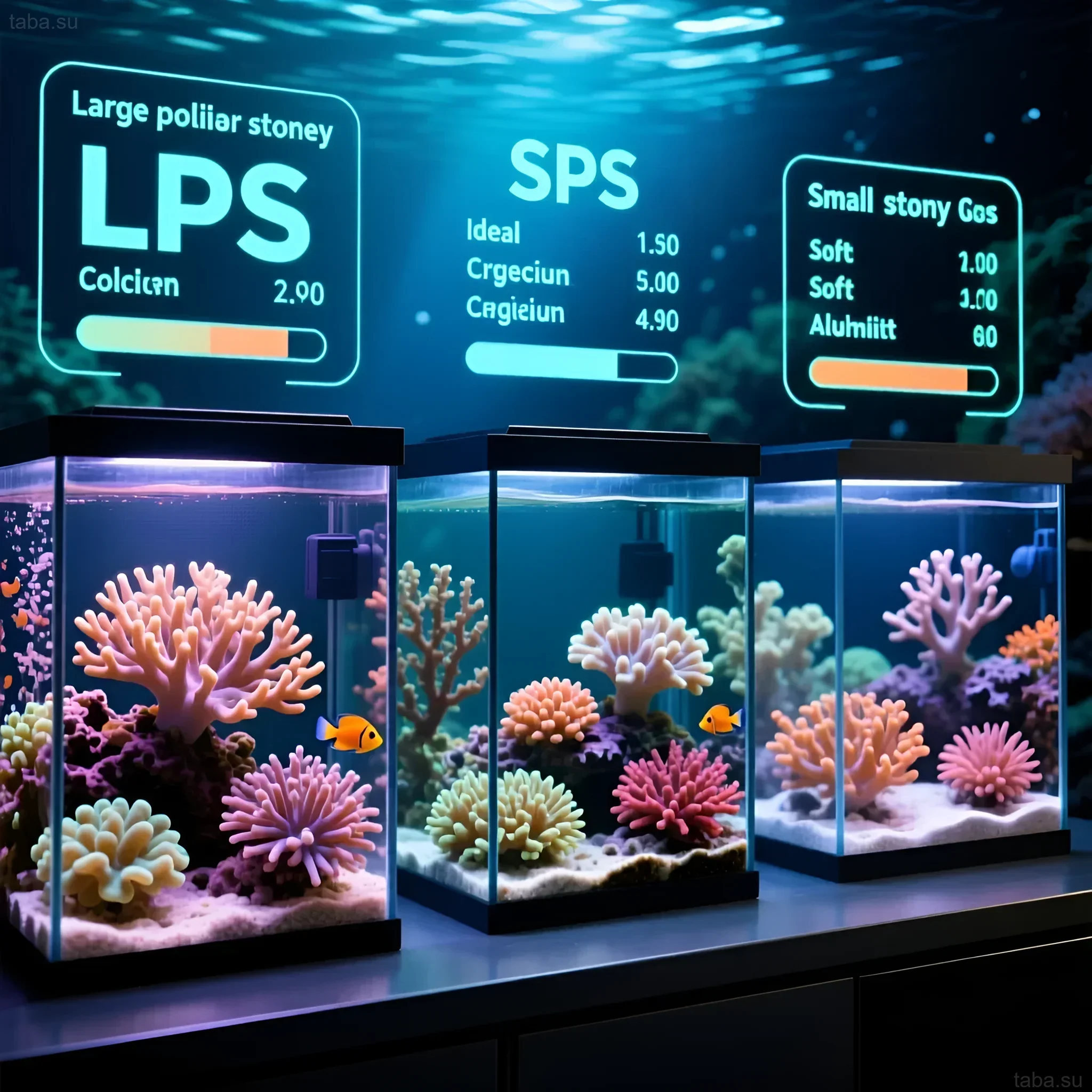 Image of three marine aquariums with different coral types, demonstrating optimal water parameters for each type.