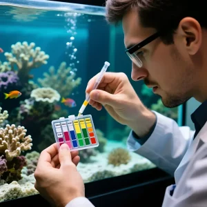 Фотография процесса тестирования воды в морском аквариуме с использованием капельного теста для определения Ca, Mg и kH.