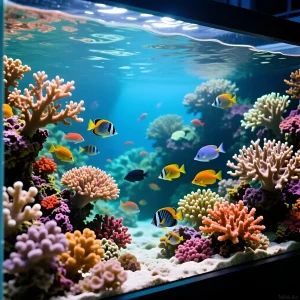 Фотография красочного морского рифового аквариума с разнообразными кораллами и стайкой тропических рыб. Поддержание оптимальных параметров воды – ключ к здоровью рифа.