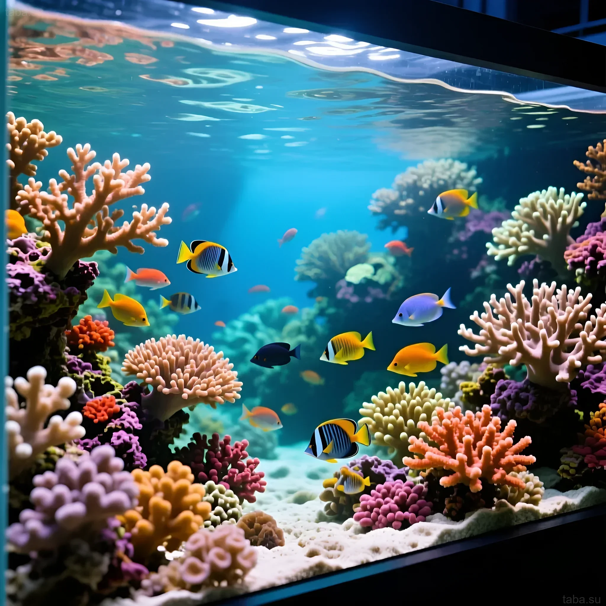 Фотография красочного морского рифового аквариума с разнообразными кораллами и стайкой тропических рыб. Поддержание оптимальных параметров воды – ключ к здоровью рифа.