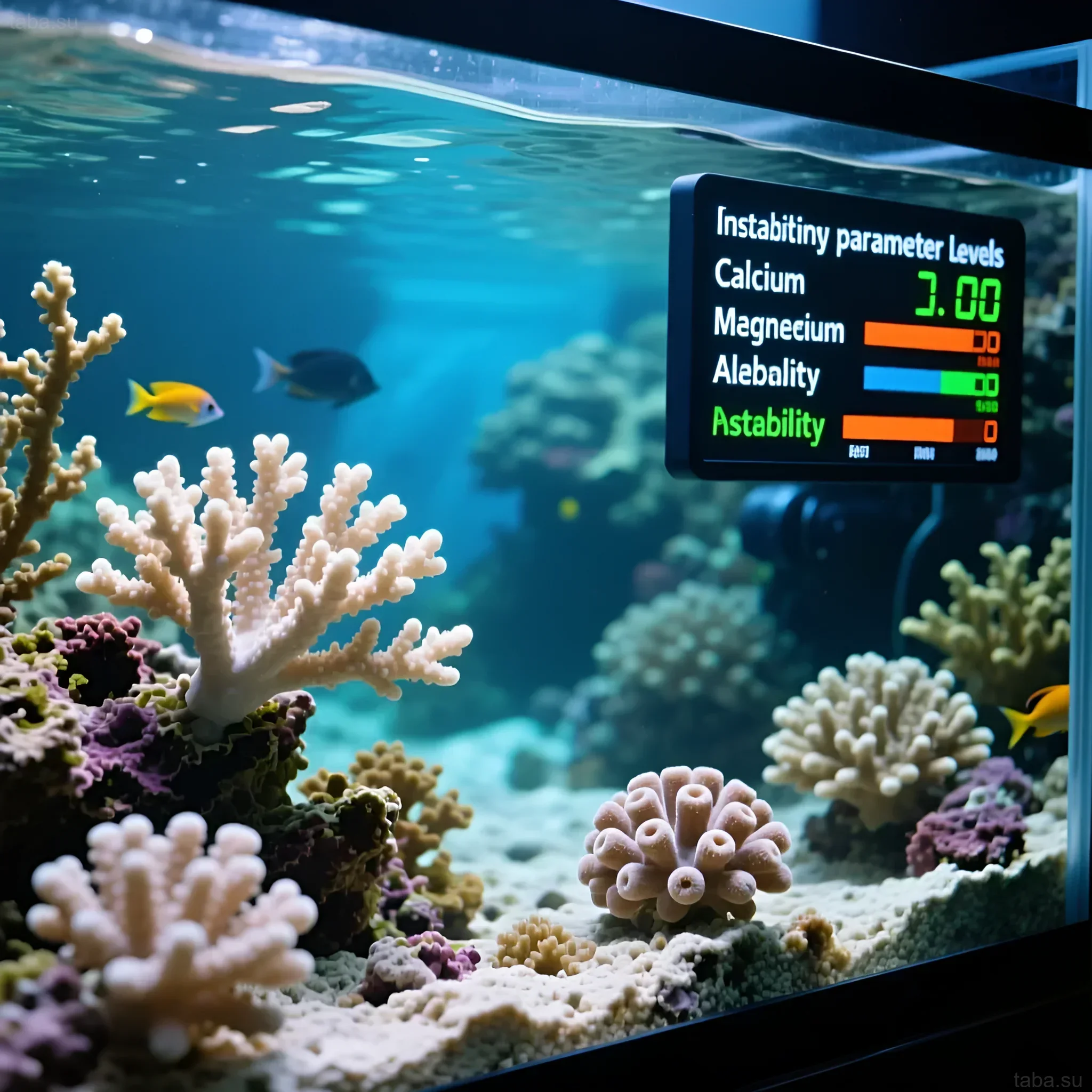 Photograph of a marine aquarium with coral reefs and a water parameter monitor, demonstrating the importance of stable Ca, Mg, and kH.