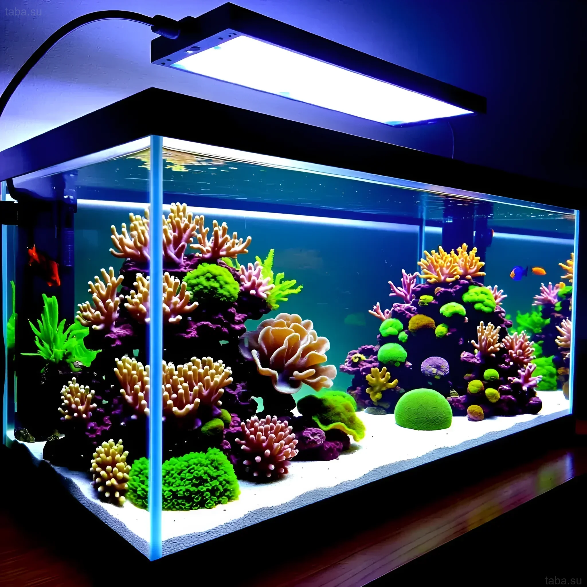 Photograph of a mature marine aquarium with vibrant corals, demonstrating the importance of stable water parameters for reef health.