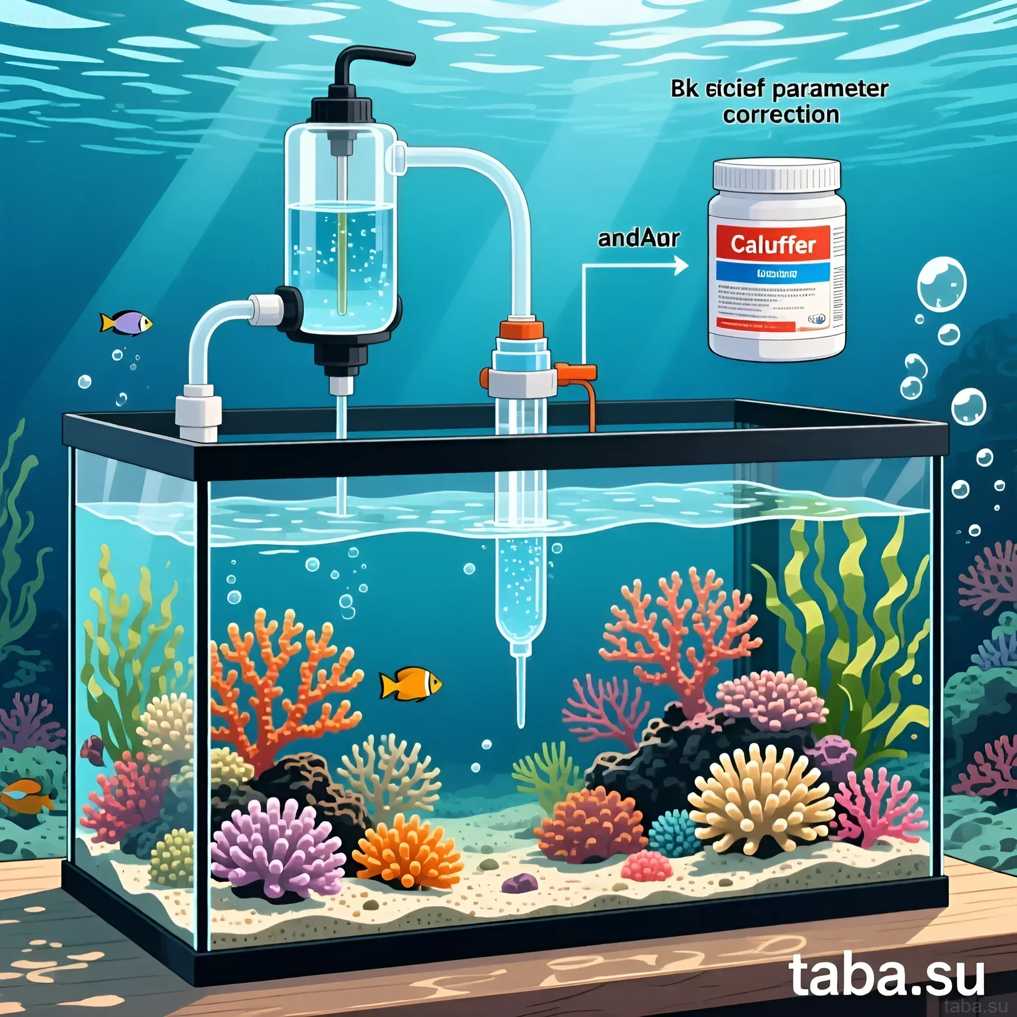 Illustration of a reef aquarium with a calcium reactor and coral inhabitants. Maintaining optimal Ca, Mg, and kH parameters.