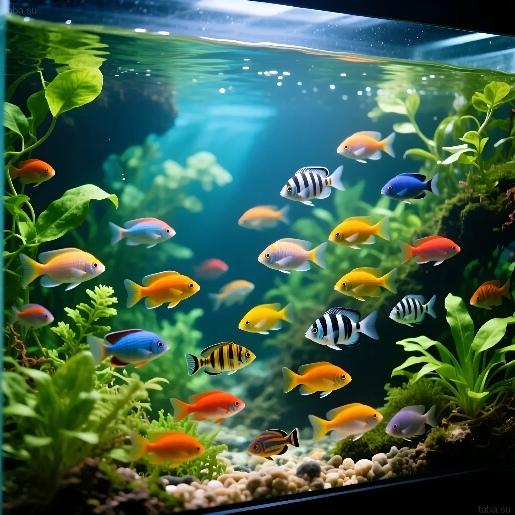 Фотография красочного аквариума с разнообразными тропическими рыбками и густой растительностью. Идеальный пример сбалансированной аквасистемы.