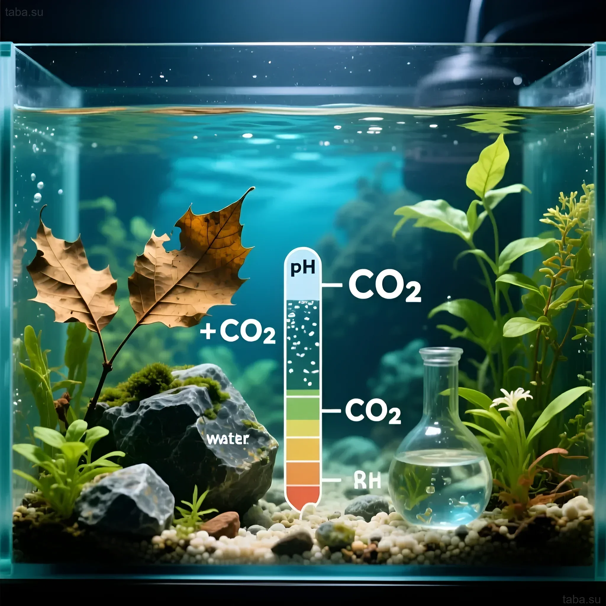 Illustration d'un aquarium visualisant l'impact du dioxyde de carbone sur le niveau de pH de l'eau. Convient aux aquariophiles débutants.