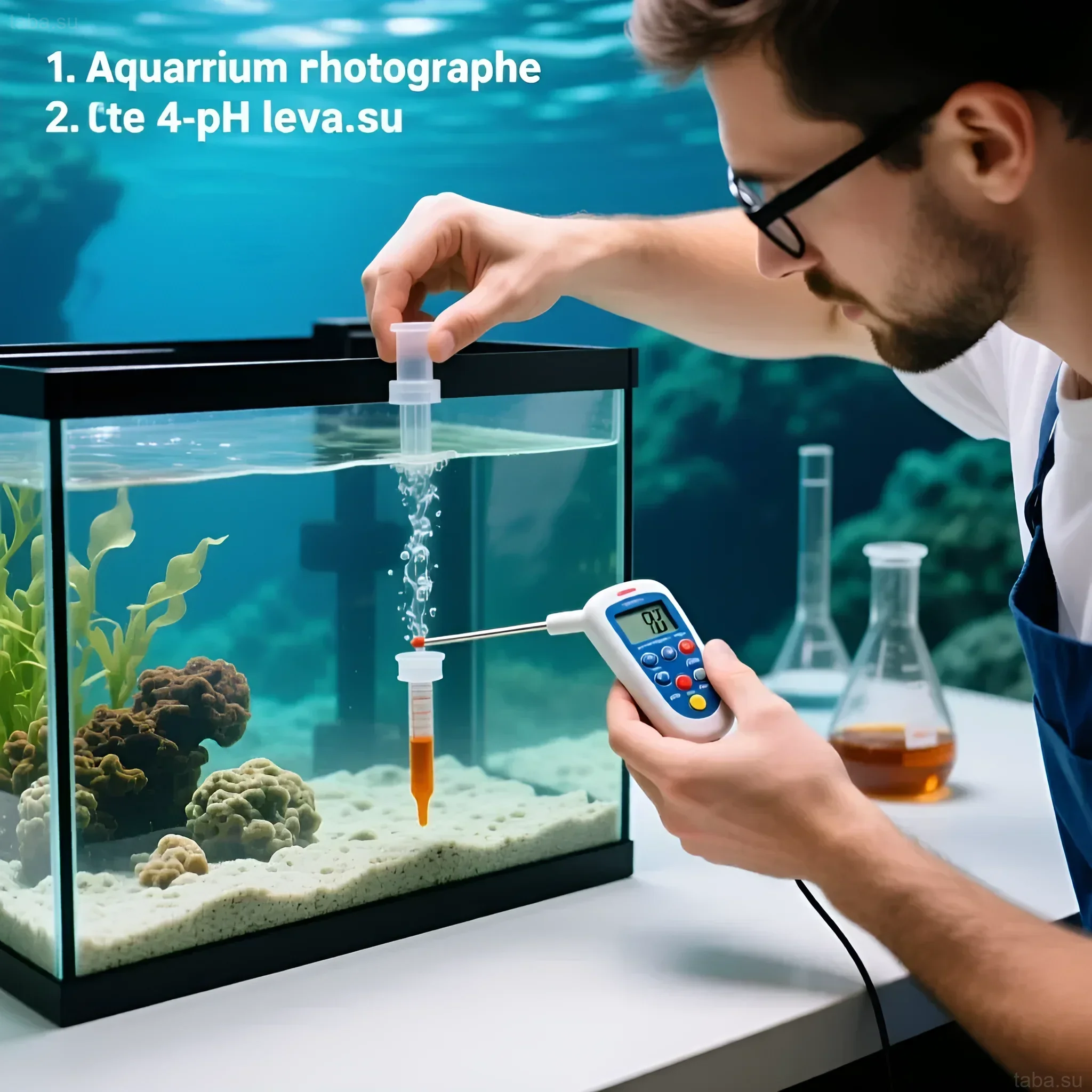 Illustration du processus de mesure du pH dans un aquarium à l'aide d'un pH-mètre et de solutions d'étalonnage. Le maintien d'un pH optimal est important pour les poissons.