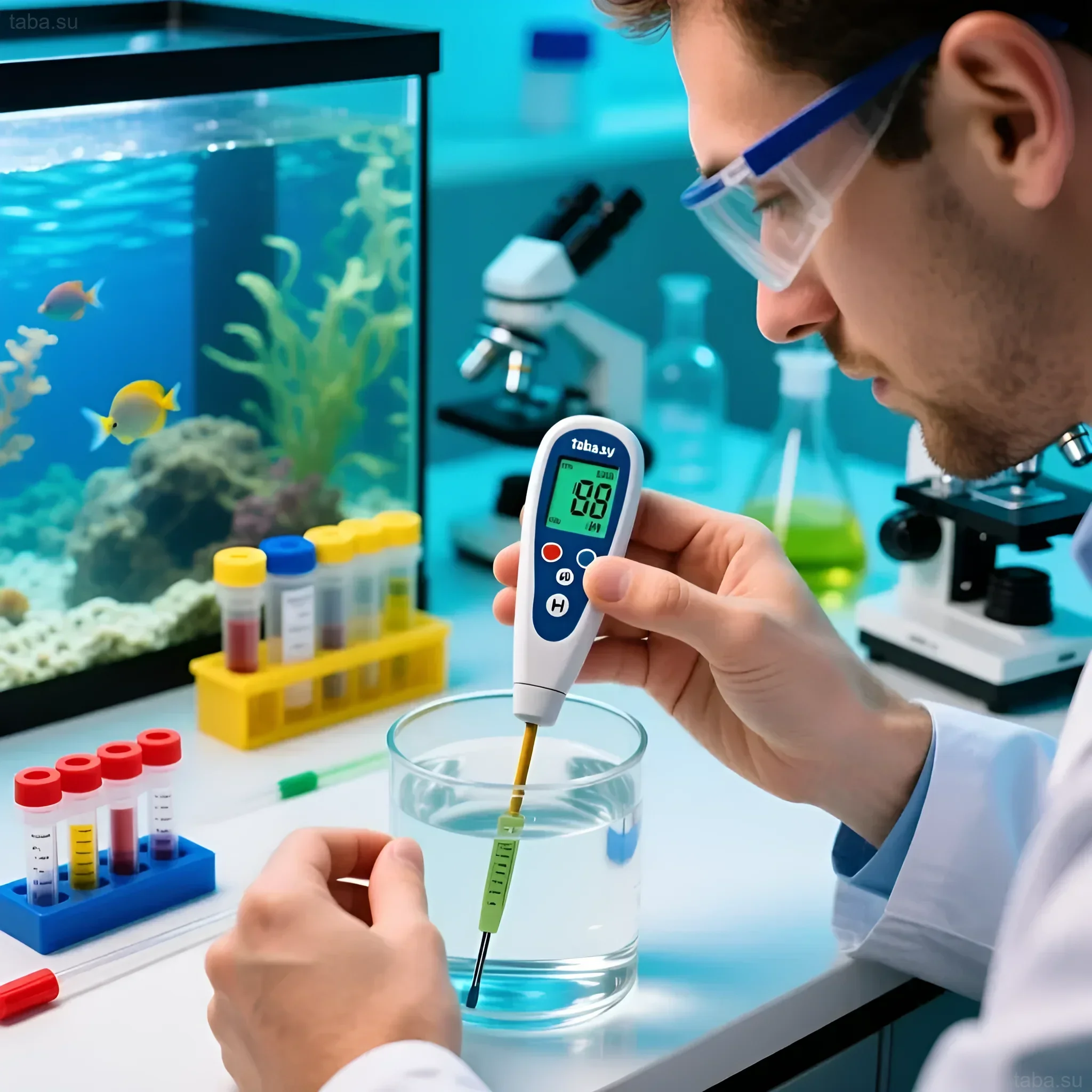 L'image montre la mesure du pH de l'eau dans un aquarium à l'aide d'un pH-mètre numérique. Un processus important pour la santé des poissons et des plantes.