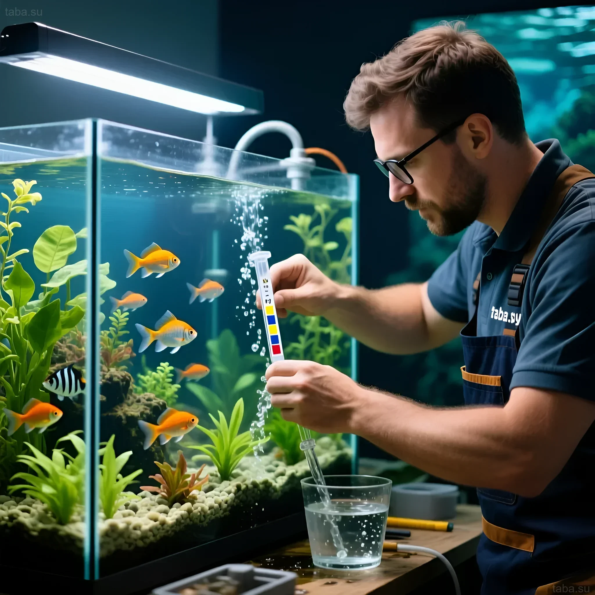 Photo : un aquariophile mesure le pH de l'eau dans un aquarium avec des poissons rouges. Maintien d'un équilibre acido-basique optimal.