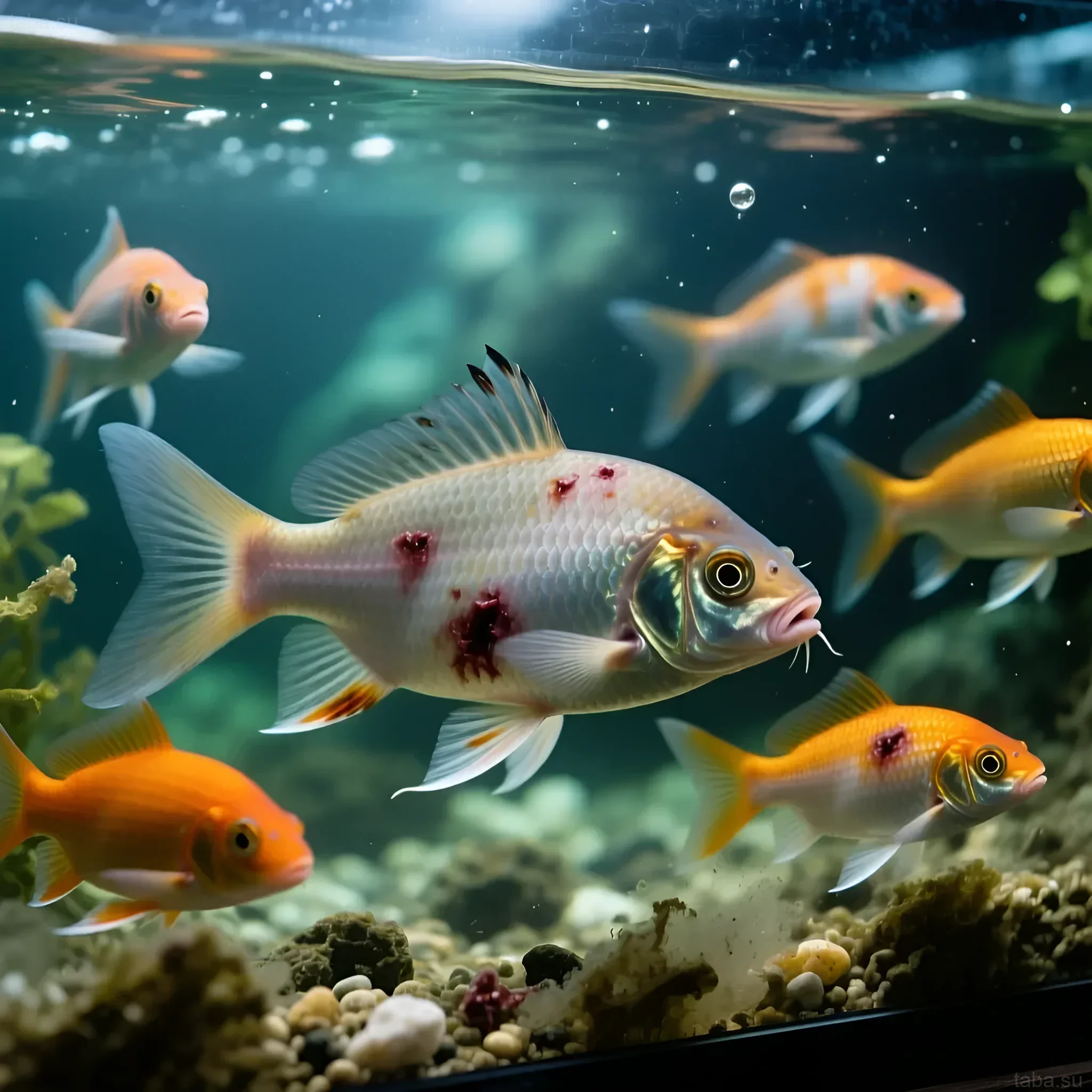 Photographie de poissons rouges présentant des signes de maladie de peau, potentiellement causés par un pH d'eau incorrect. Symptômes et solutions pour les aquariophiles.