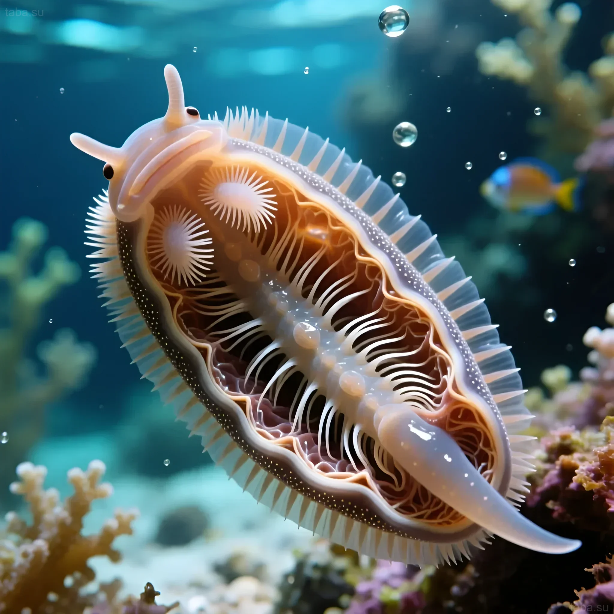 Close-up of a vibrant marine nudibranch, Chromodoris kunena, against a coral background. Illustration for an article on marine aquarium parasites.