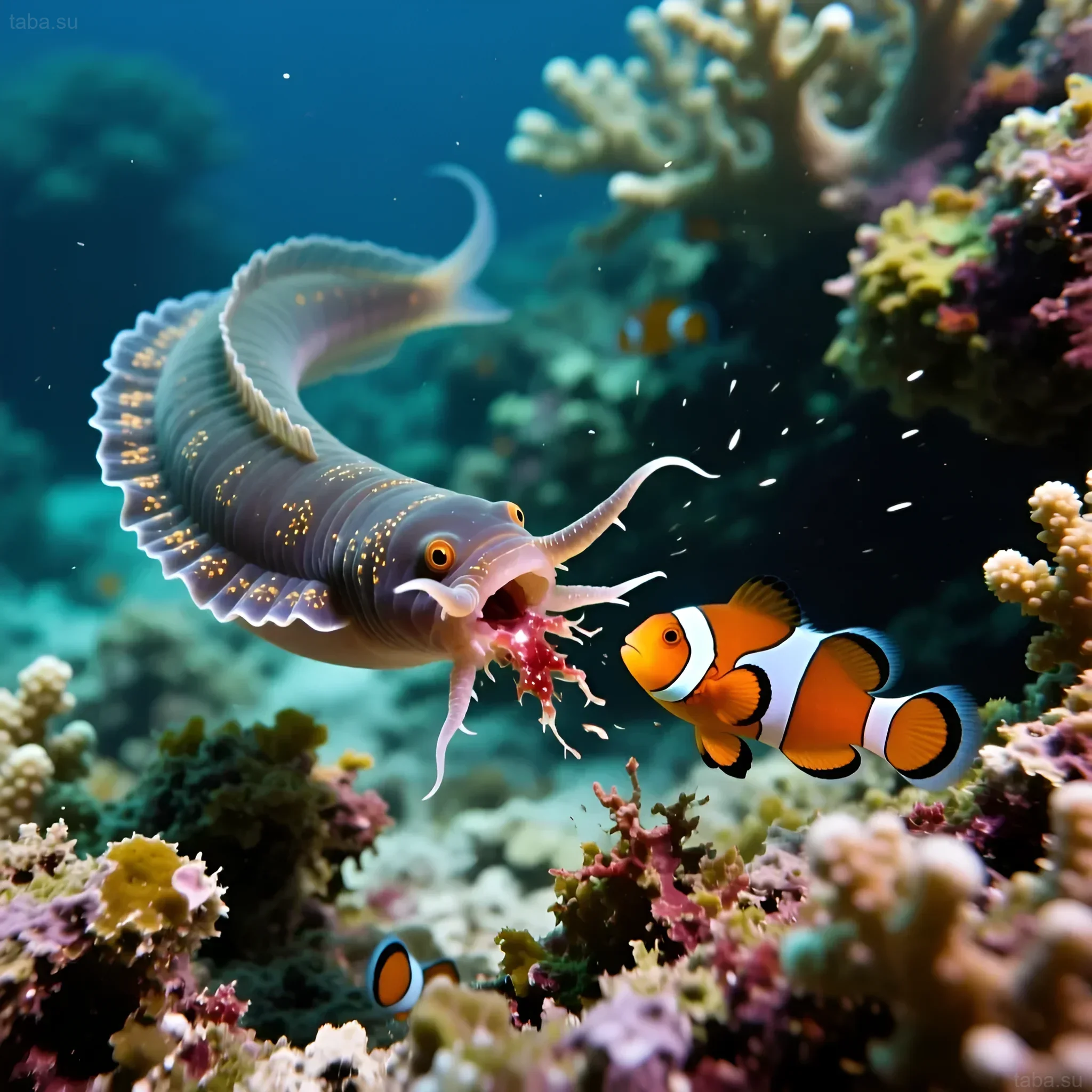 Photograph of a marine flatworm planaria hunting a clownfish among corals. Illustration of the danger of planaria to marine aquariums.