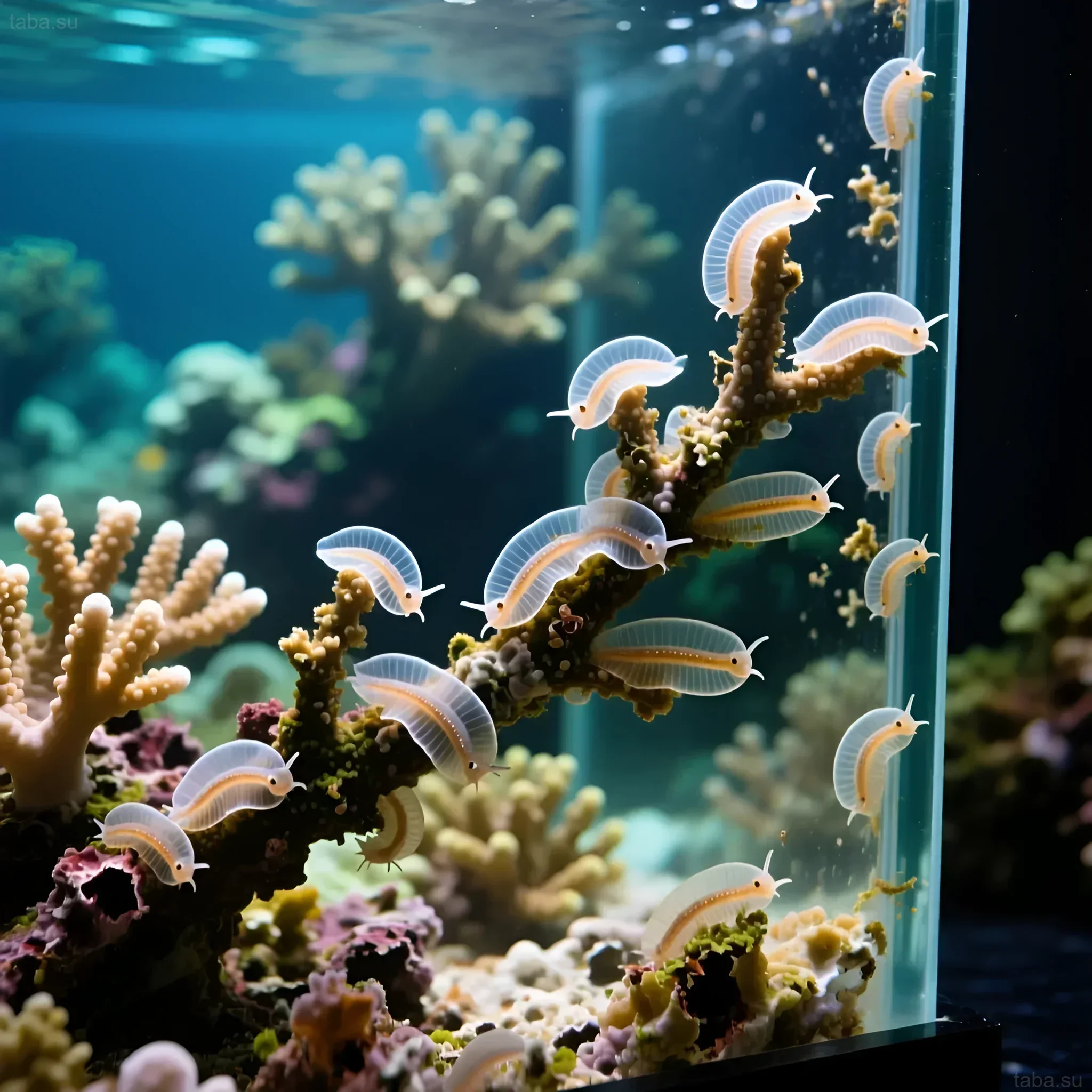 Фотография морских планарий, активно ползающих по кораллам в аквариуме. Иллюстрация проблемы для морских аквариумистов.