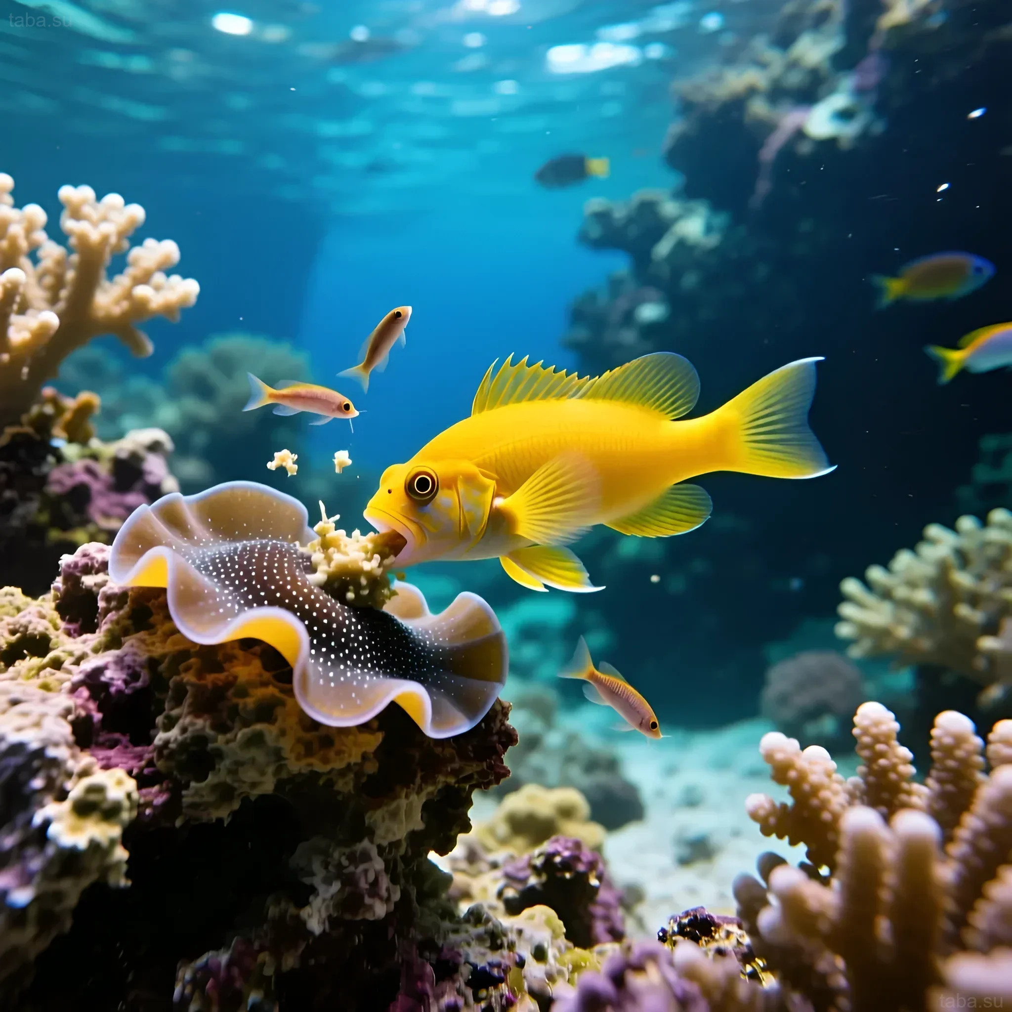 Photograph of a marine aquarium with a yellow wrasse, a clam, and corals. An ideal solution for controlling planaria and maintaining bio-balance.