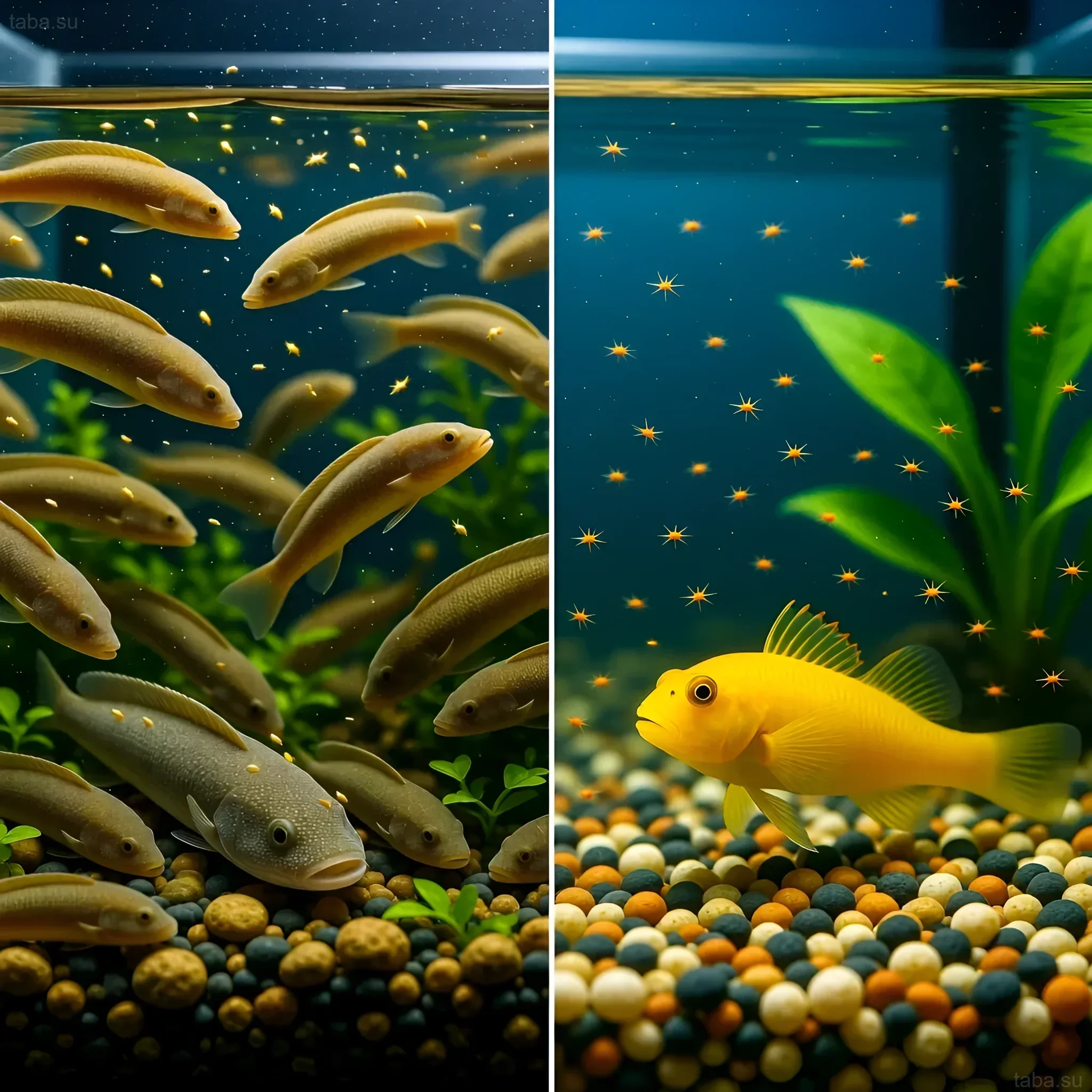 Illustration of a marine aquarium with wrasses and planaria. Effective methods for controlling pests in marine aquariums.