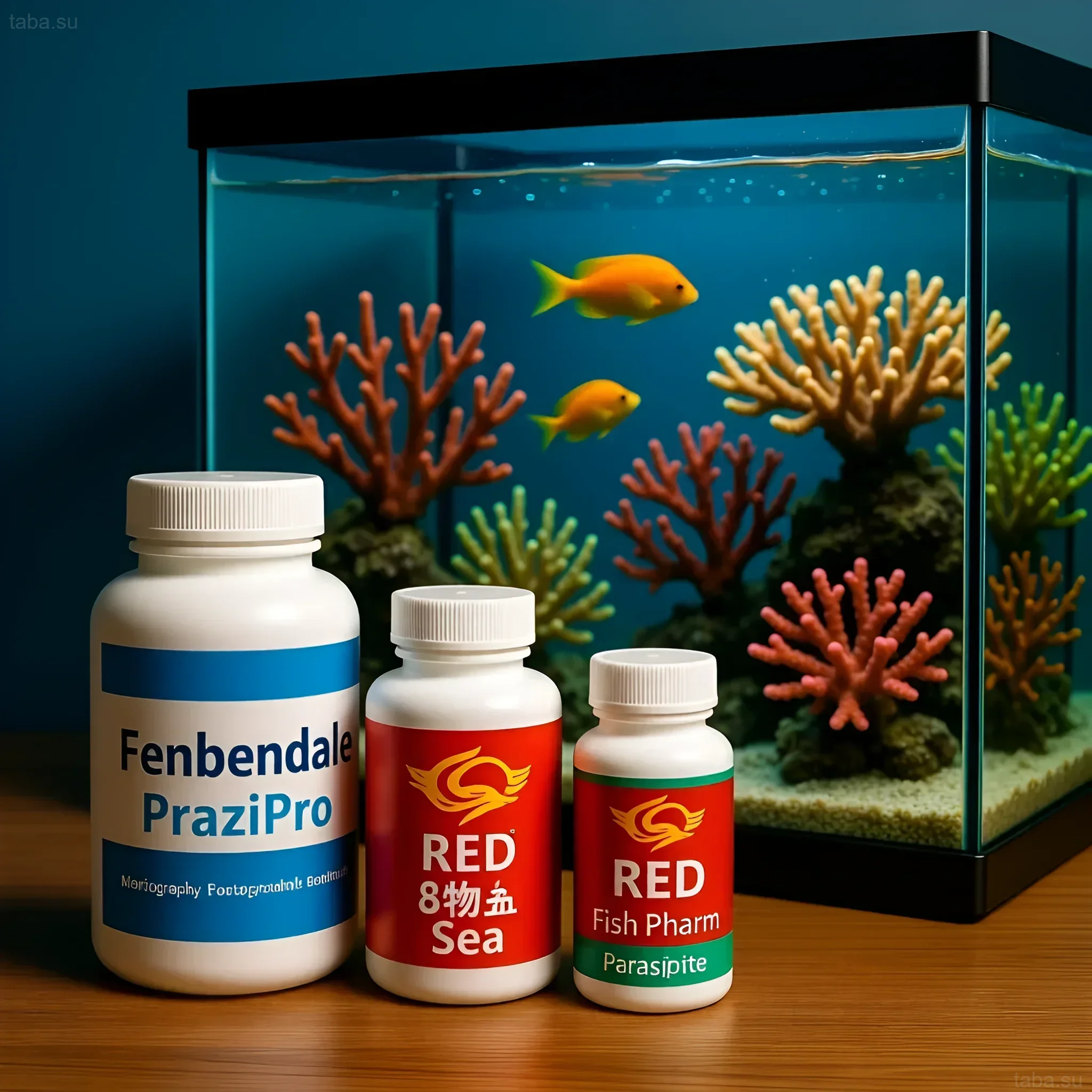 Photograph of a marine aquarium with planaria medications and fish. Illustration for an article on pest control in marine aquariums.