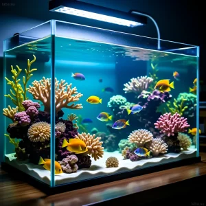 Фотография морского аквариума с коралловыми рифами и стайкой ярких тропических рыб. Идеальный пример здоровой морской экосистемы.