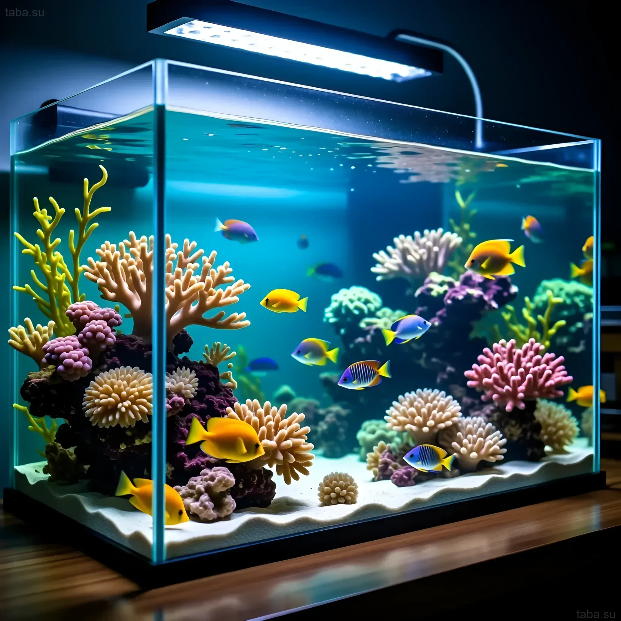 Photograph of a marine aquarium with coral reefs and a school of vibrant tropical fish. An ideal example of a healthy marine ecosystem.