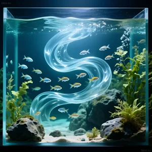Иллюстрация аквариума с видимым течением, созданным помпой. Здоровые рыбки плавают в динамичной среде, демонстрируя важность гидродинамики.