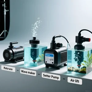 Иллюстрация демонстрирует различные помпы течения для аквариума: роторные, волновые, регулируемые и воздушные лифты, создающие движение воды.