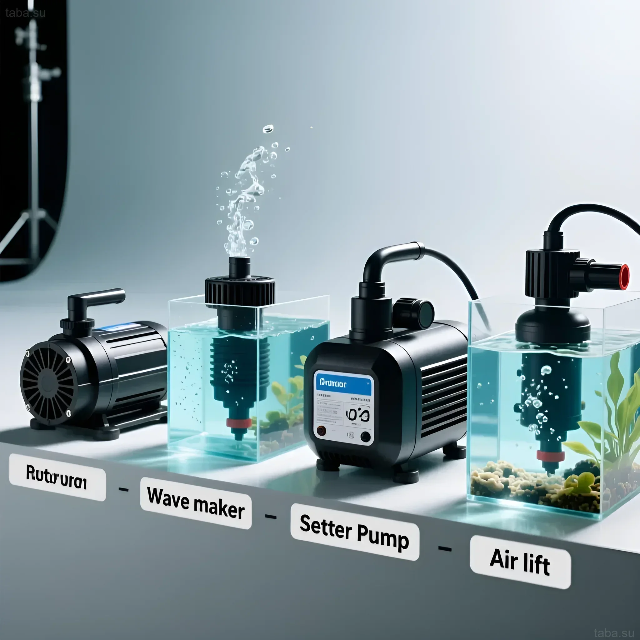 Иллюстрация демонстрирует различные помпы течения для аквариума: роторные, волновые, регулируемые и воздушные лифты, создающие движение воды.
