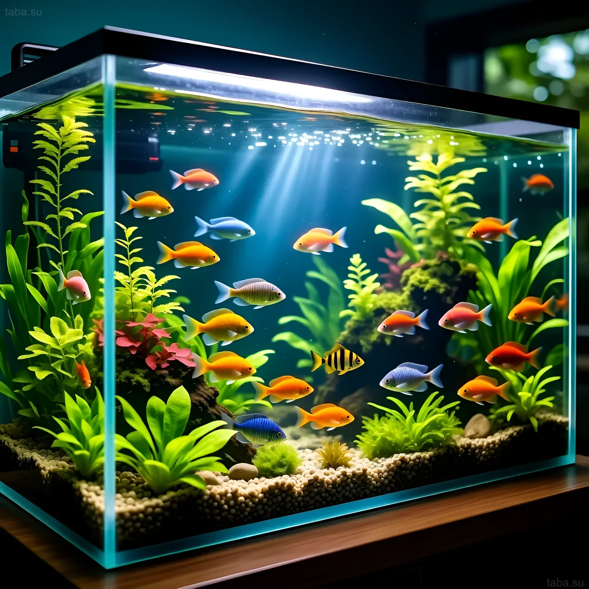 Фотография красочного аквариума с тетрами, создающего иллюзию подводного мира. Идеально для иллюстрации статей о течениях и биоразнообразии.