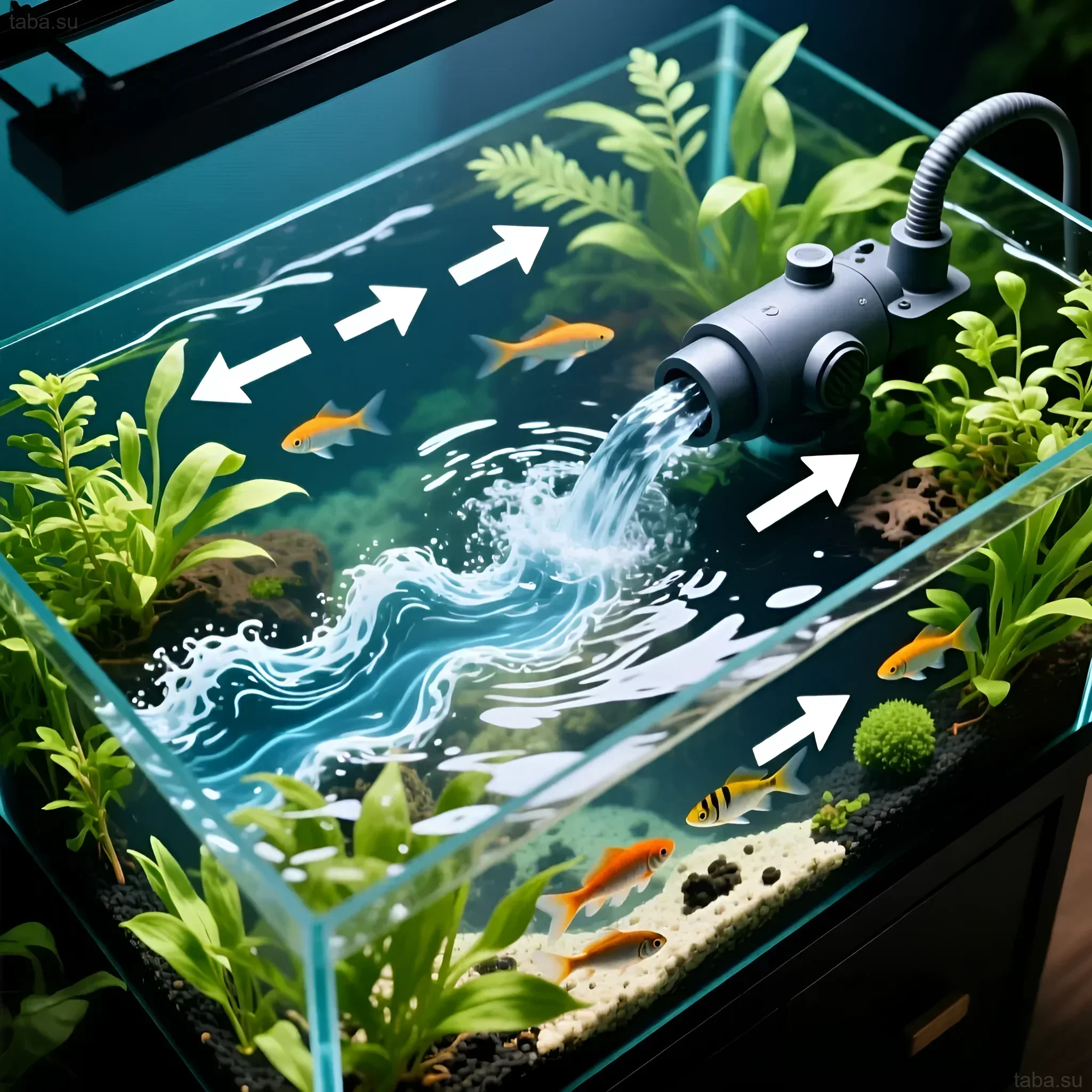 Иллюстрация аквариума с помпой течения, демонстрирующая циркуляцию воды и стрелки, указывающие направление потока. Золотые рыбки и растения.