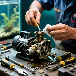 Фотография процесса разборки и очистки помпы течения для аквариума. Инструменты и детали помпы на столе.