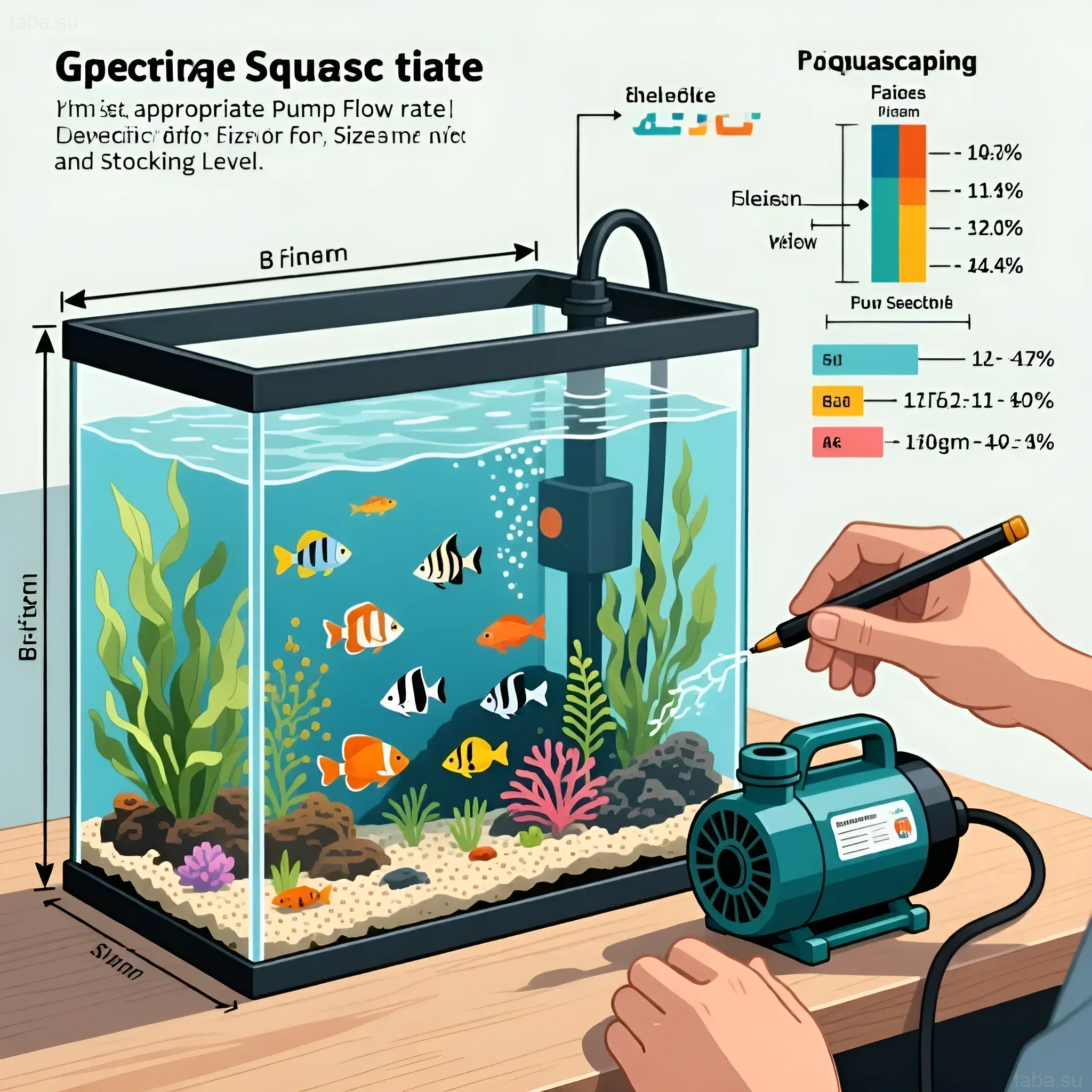 Иллюстрация аквариума с помпой течения, демонстрирующая влияние потока воды на обитателей и растения. Оптимальное течение для здоровой экосистемы.