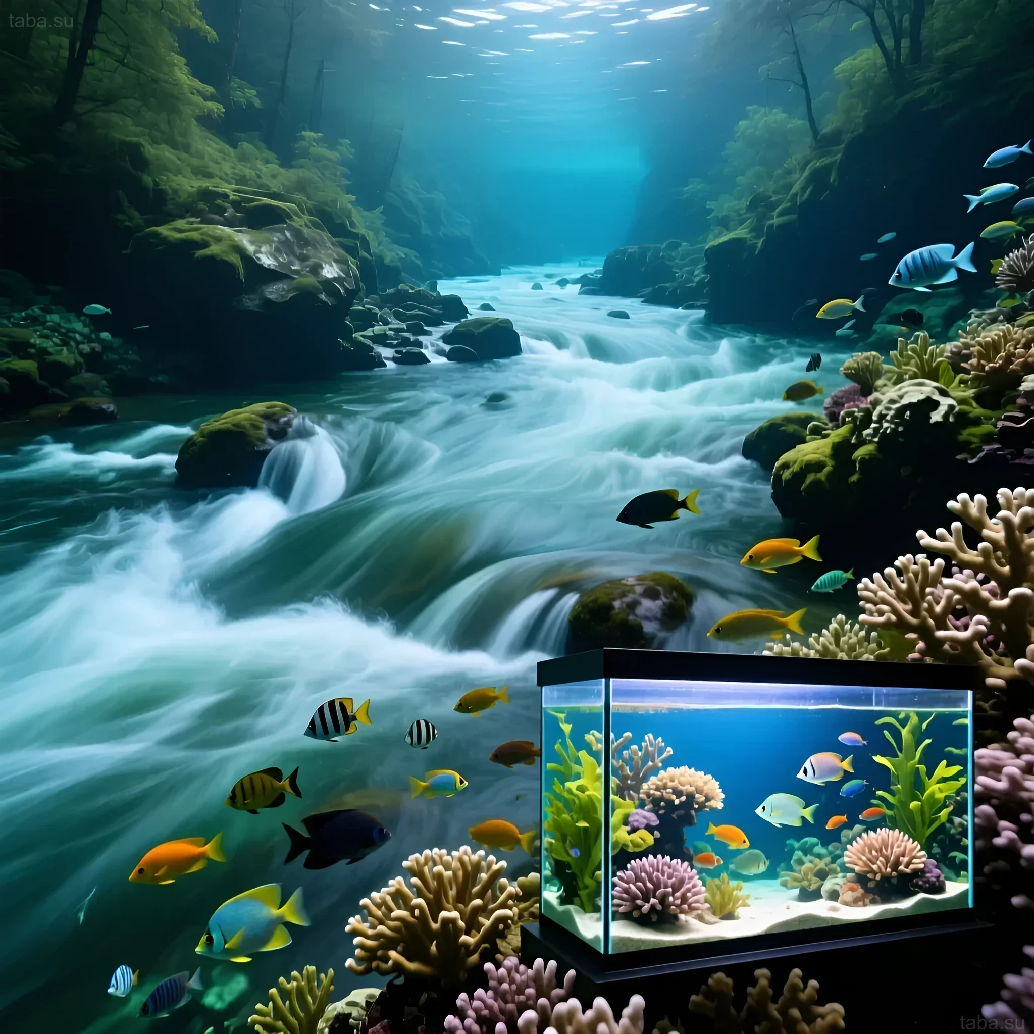 Фотография аквариума с яркими кораллами и рыбами, демонстрирующая эффект течения, созданного помпой. Идеально для морских аквариумов.