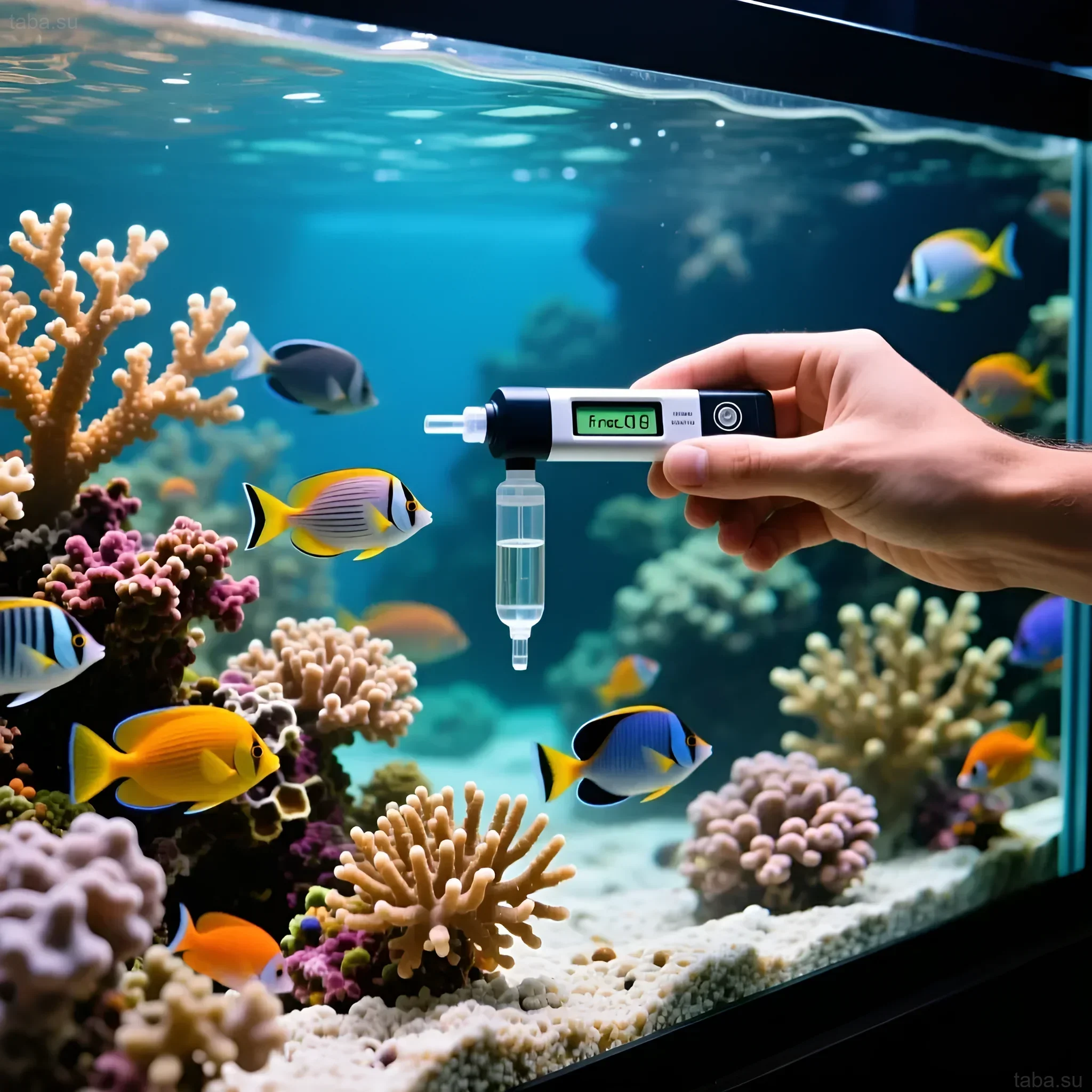 Изображение демонстрирует измерение солености в морском аквариуме с помощью цифрового рефрактометра, обеспечивая оптимальные условия для рыб и кораллов.