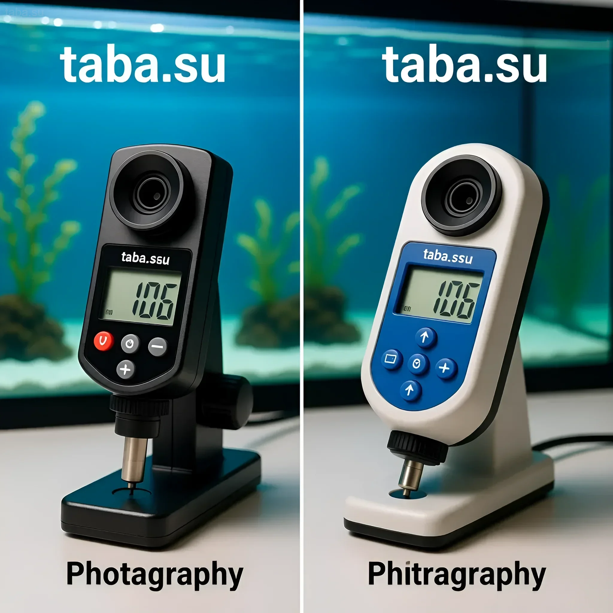 مقارنة بين مقياسين انكسار رقميين على خلفية حوض سمك: هيكل أسود وأبيض، الشاشة تعرض 1.06. التحكم في ملوحة حوض السمك.