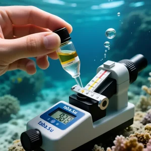 Изображение демонстрирует процесс калибровки рефрактометра для морского аквариума с использованием калибровочного раствора и кораллов на заднем плане.