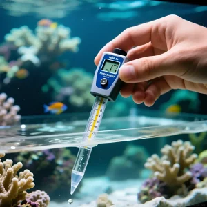 Изображение демонстрирует использование рефрактометра для измерения солености морской воды в аквариуме с кораллами и рыбами.