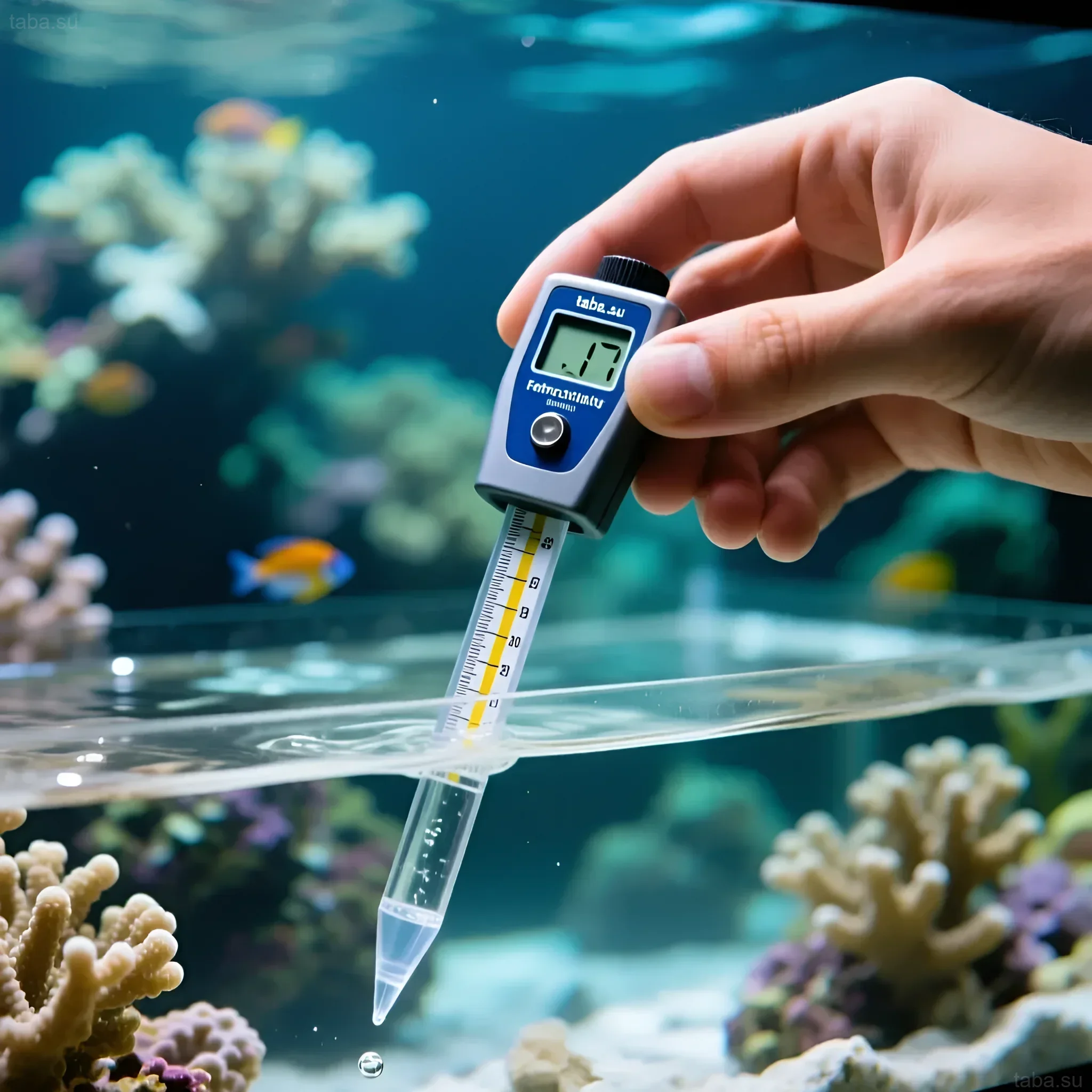 توضح الصورة استخدام مقياس الانكسار لقياس ملوحة مياه البحر في حوض سمك مع المرجان والأسماك.