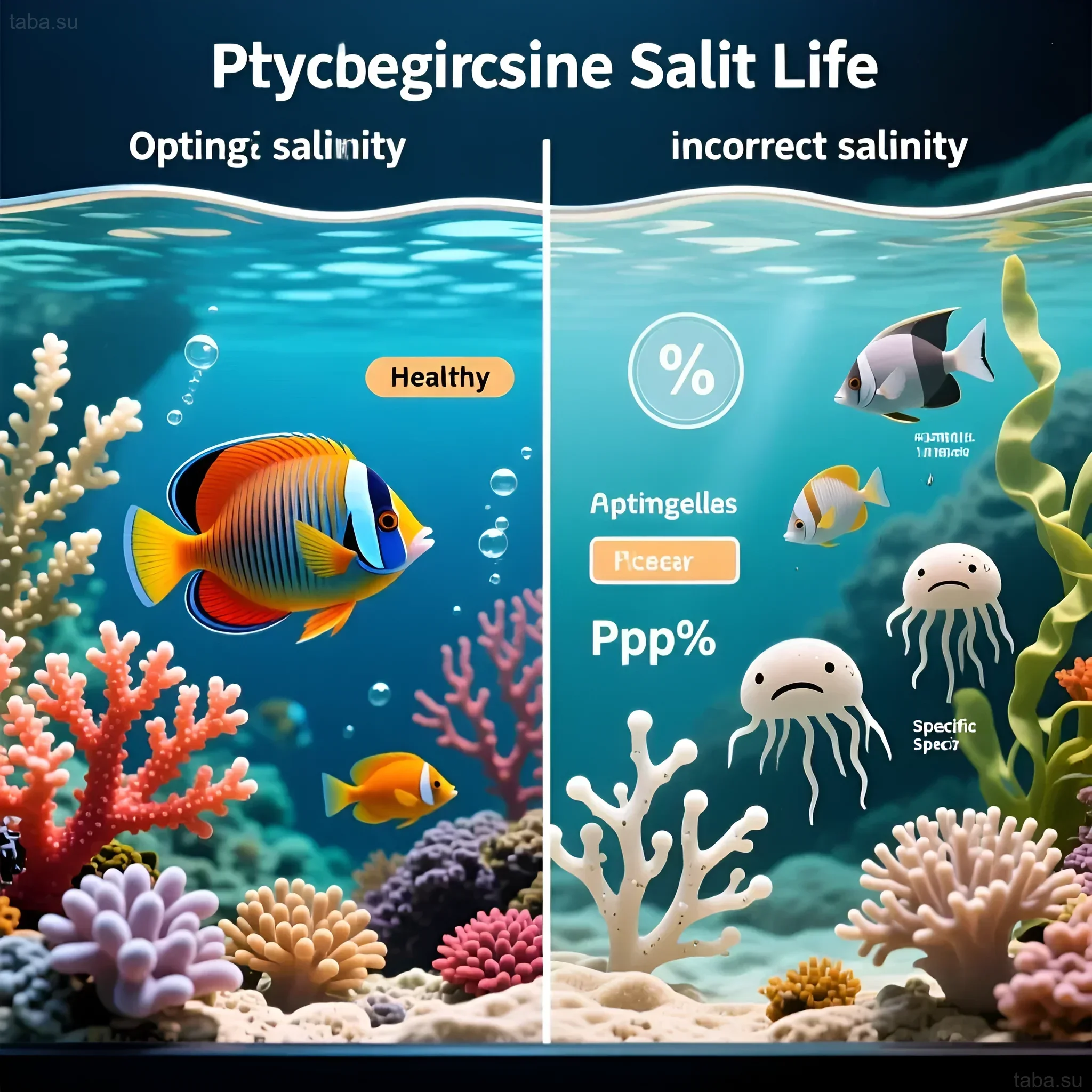 توضح الصورة تأثير الملوحة على الكائنات البحرية: أسماك زاهية في ظروف مثالية وعلامات المرض عند الملوحة غير الصحيحة.