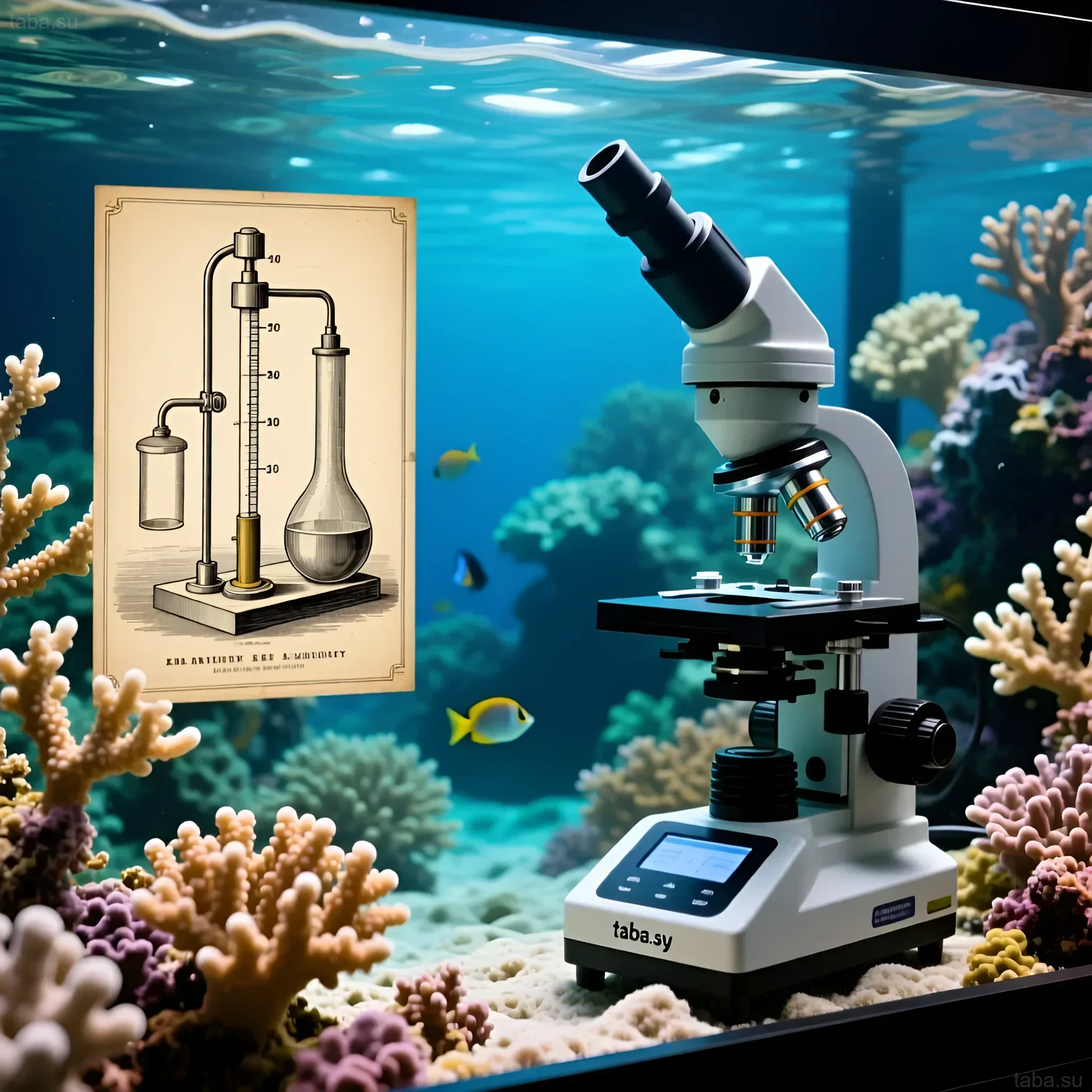 صورة لحوض سمك بحري مع مقياس انكسار ومجهر، توضح أهمية القياس الدقيق للملوحة لصحة الكائنات الحية.