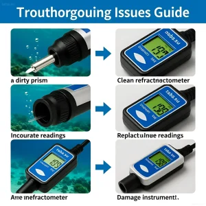 Иллюстрация демонстрирует влияние загрязнений и повреждений на показания рефрактометра, а также важность правильной калибровки для морских аквариумов.