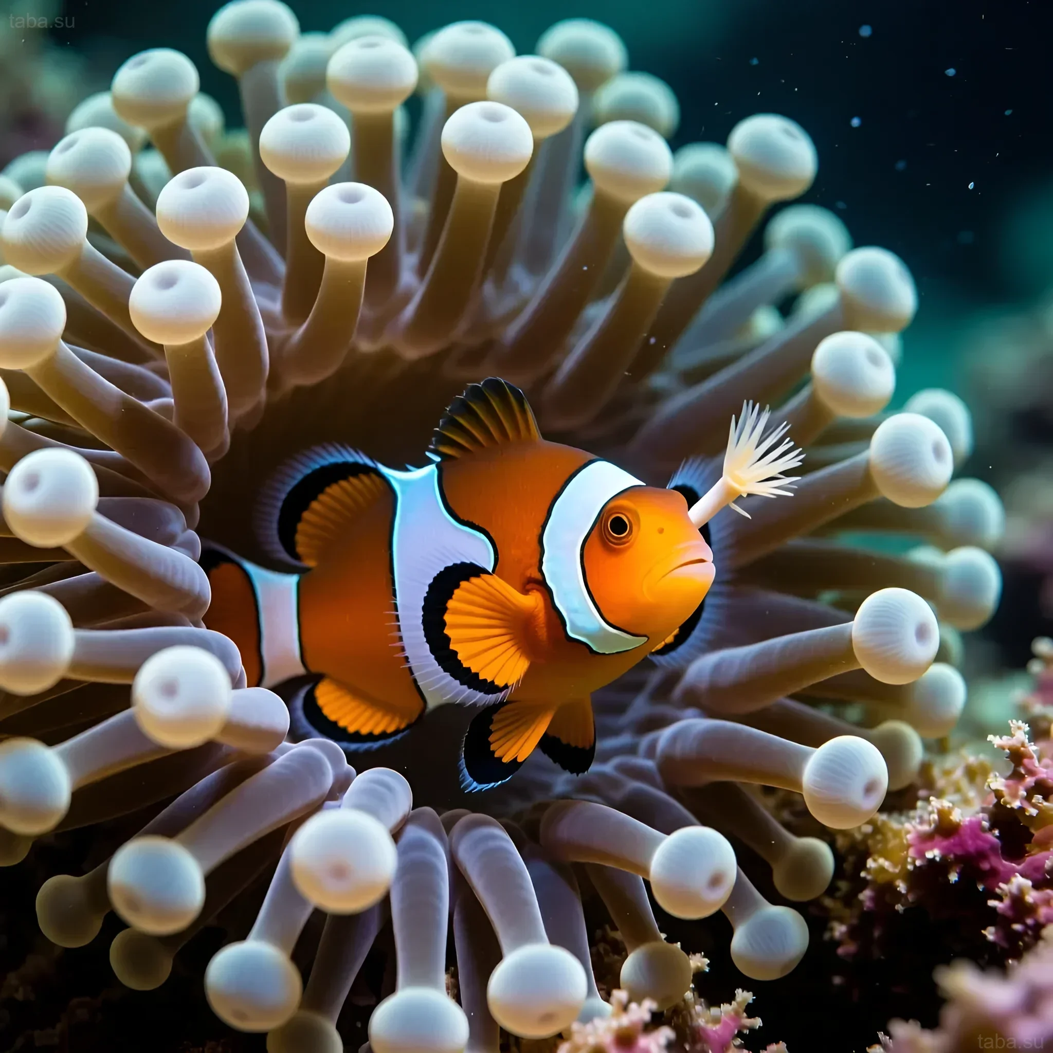 A bright Ocellaris clownfish nestled among anemone tentacles. The photo showcases its natural habitat and symbiotic relationship.