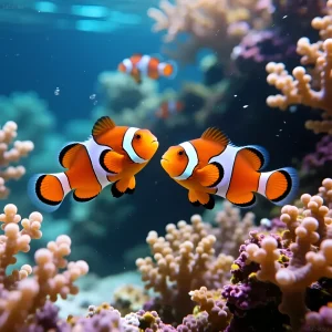 Яркие рыбы-клоуны Оцеллярис (Немо) плавают среди кораллов в морском аквариуме. Идеальное изображение для статьи о содержании и разведении.