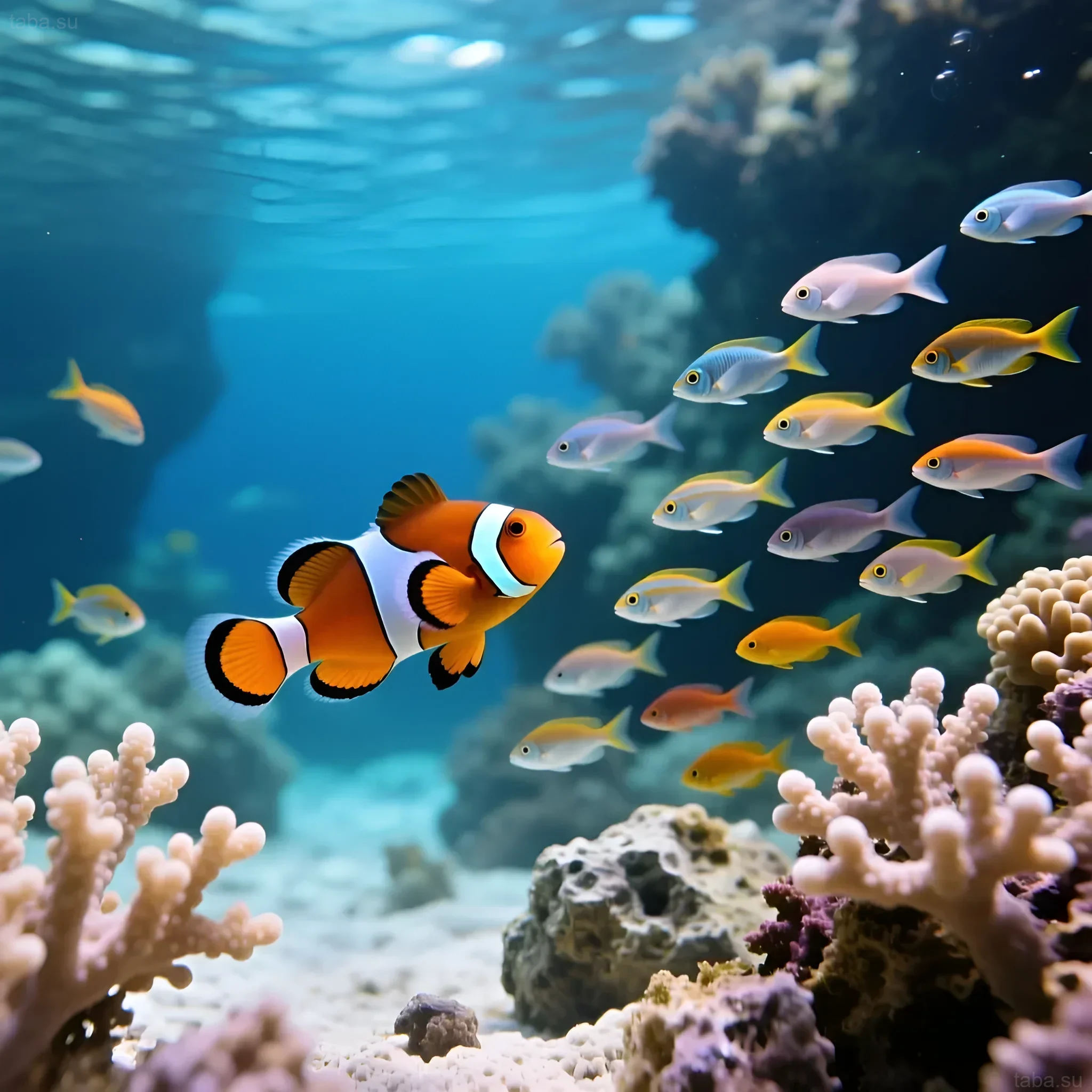 A bright Ocellaris clownfish swimming among corals and a school of small tropical fish in a marine aquarium. An ideal illustration for an article on compatibility.