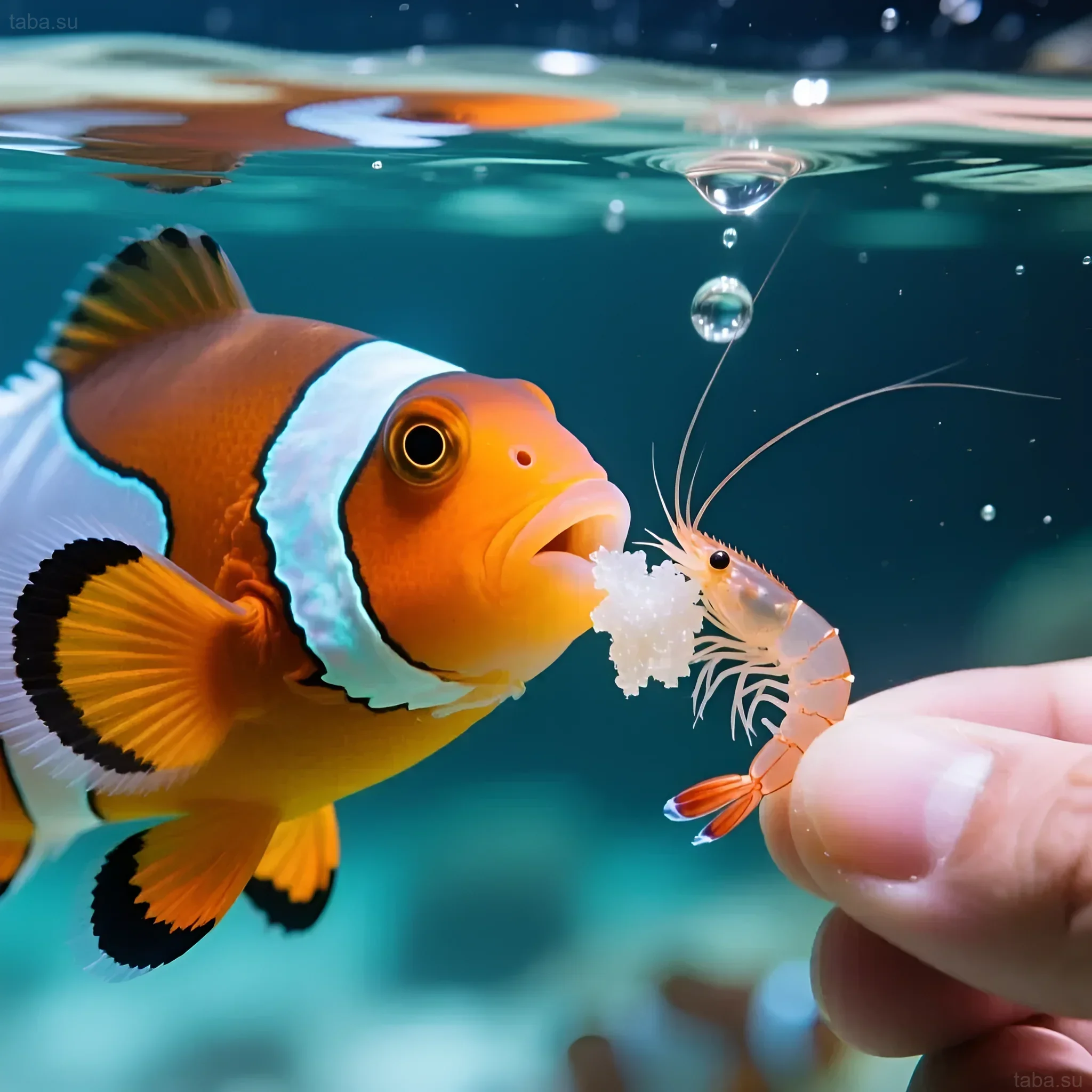 Close-up of an Ocellaris clownfish feeding on shrimp. An ideal image for an article on feeding and care of Nemo fish.