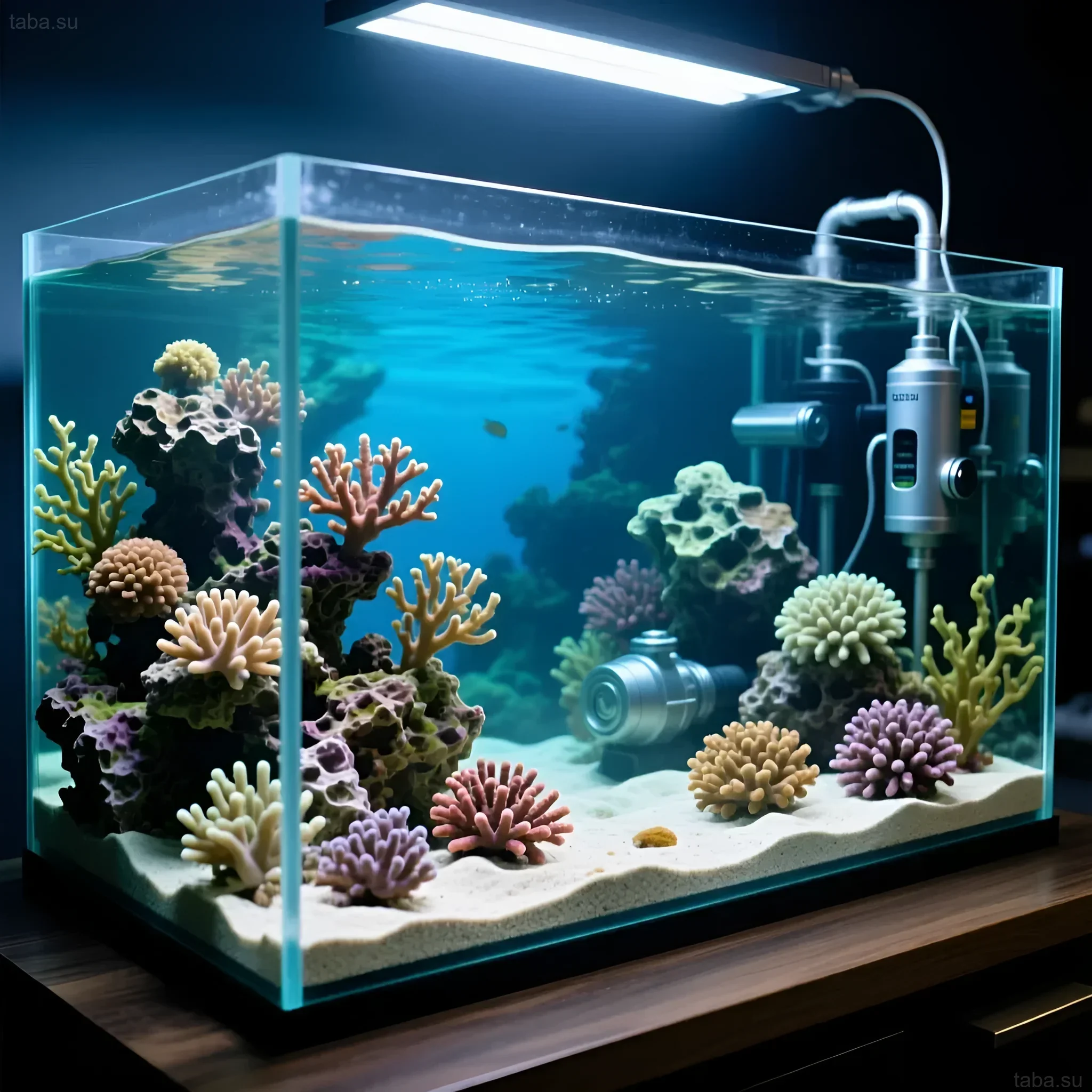 A photograph of a reef-themed marine aquarium with live corals and modern ecosystem support equipment. Ideal for clownfish.