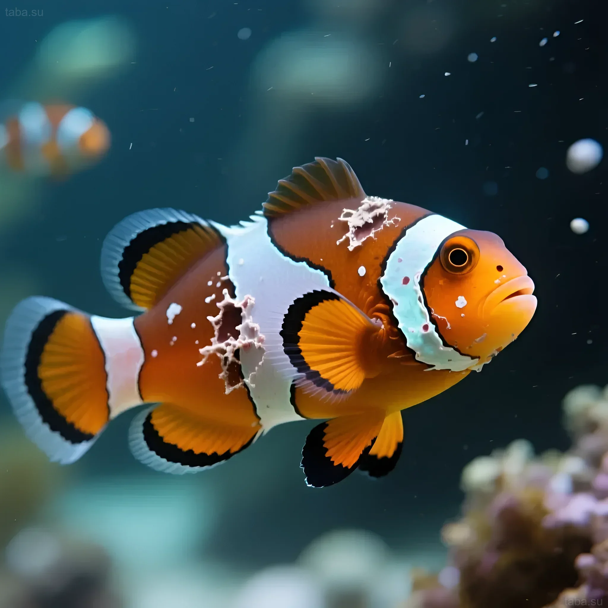 Photograph of a sick Ocellaris clownfish showing signs of Ichthyophthirius (