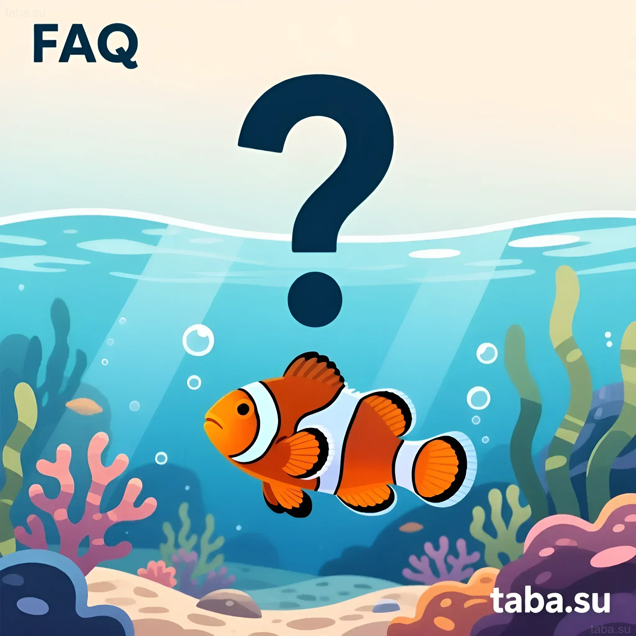 Illustration with Ocellaris clownfish and a question mark, symbolizing the FAQ section on care and breeding.