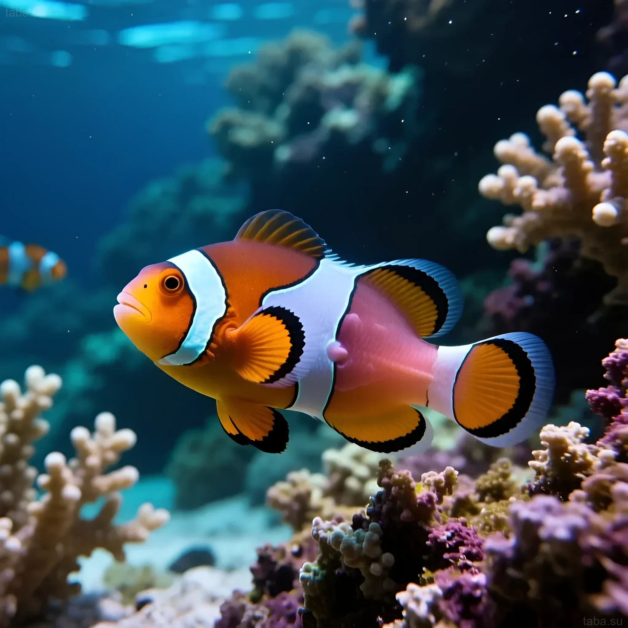 Photograph of an Ocellaris clownfish (Amphiprion ocellaris) in its natural habitat among corals. Ideal for an article on care and breeding.