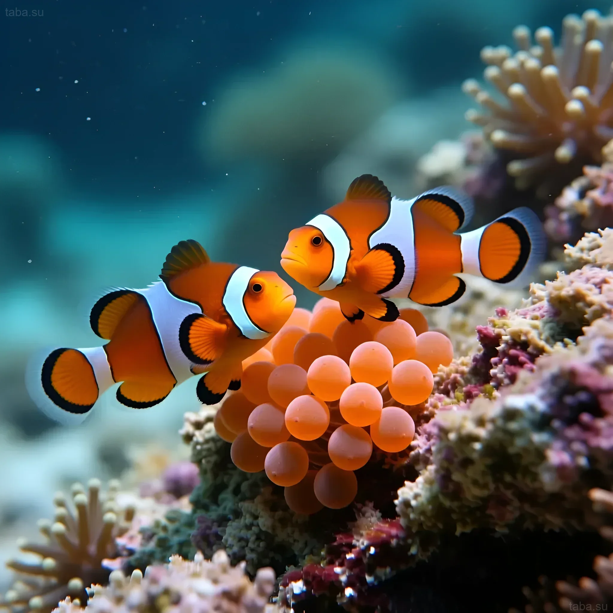 Photograph of an Ocellaris clownfish guarding a clutch of eggs among corals. An illustration for an article on breeding 'Nemo'.