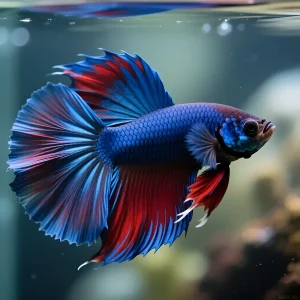 Крупный план сине-красного петушка (Betta Splendens) в аквариуме. Идеальное изображение для статьи об уходе за рыбкой.